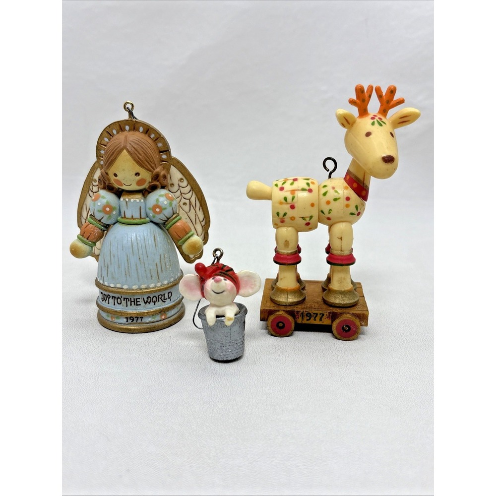 Hallmark Yesteryears Lot Of 3 Reindeer Mouse Angel Christmas Ornament 1977 Vtg